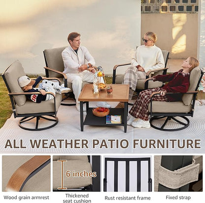 NATURAL EXPRESSIONS 5 Piece Patio Furniture Set, Outdoor Conversation with 4 Pcs Swivel Rocking Chairs and 27" Double-Layer Coffee Table 6" Thick Cushions for Balcony, Backyard, Deck, Porch (Shale)