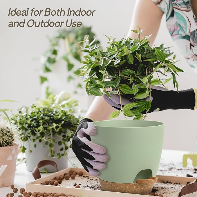 Green Self Watering Pots 20 Pack, Indoor and Outdoor Plant Pots with Wick Rope & Drainage Holes, Easy Watering Lip, Lightweight Plastic Self Watering Planter for Succulents, Houseplants, and Herbs