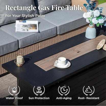 Patio Furniture Set 6 pcs, Wicker Outdoor Patio Furniture, 3-Seat Sofa, 4 Single Chairs and 56" Gas Fire Pit Table, Rattan Patio Conversation Set for Backyard Deck, Grey