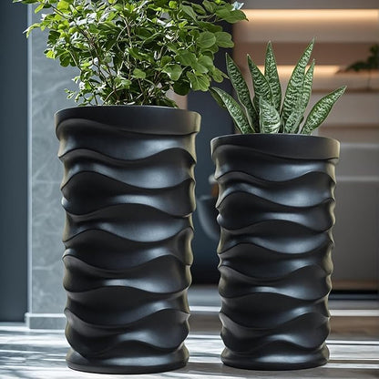 Tall Planter Outdoor Indoor, 2 Pack Extra Large Plant Pots 20" 18" H Tall Large Tree Planter-Modern Matte Wavy Flower Pot for Indoor Outdoor Proch Decor (Black)