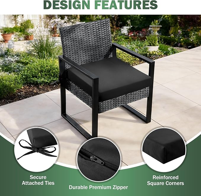 Outdoor Chair Cushions Set of 4, 19x19x3 Inch Waterproof & Fade Resistant Patio Furniture Seat Cushions with Ties, Square Outdoor Dining Chair Cushions for Lawn, Garden, Deck & Yard, Black