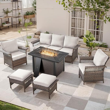 Patio Furniture Set with Fire Pit Table, 6PCS Patio Conversation Set Brown Resin Wicker Patio Chair Sofa Ottoman with 43in Rectangular Iron Outdoor Fire Table PE Rattan Furniture
