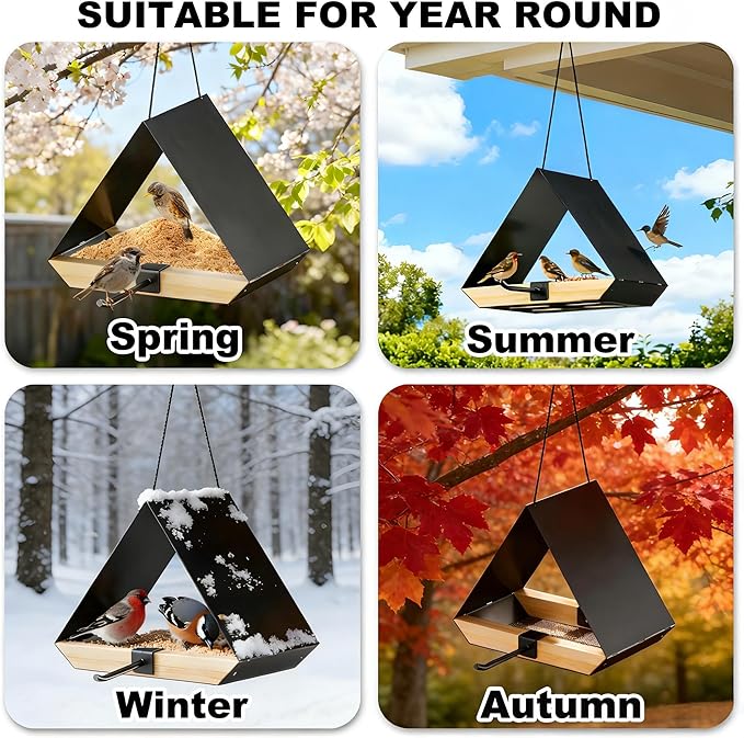 HOSUN Black Sturdy Metal Roof Bird Feeder - Durable Outdoor Hanging, Easy to Clean, Metal Mesh Ventilated, Bird Watching Gift & Garden Decor for Cardinals, Bluebirds & Wild Birds
