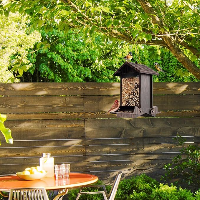 Squirrel Proof Bird Feeder for Outdoor Hanging,Metal Bird Seed Feeder with Bilateral Weight Activated Perches,5LB Large Capacity Wild Bird Feeders for Outside,Easy Refill and Clean,Brown