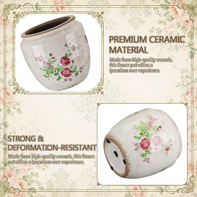 LemonRoad 7 Inch Large Vintage Ceramic Planter with Drainage Holes Ice Crackle Flower Vase Flower Pot with Vintage Rose Pattern for Indoor Outdoor Plants Garden Home Kitchen Office Shelf Decor