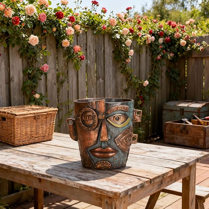 Abstract Face Planter Pot, Hand-Painted Resin Flower Pot with Top Opening for Planting, Decorative Planter for Indoor Plants, Art Accent Flowerpot Decor