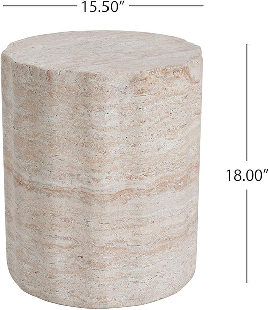 Christopher Knight Home Jaym 18.00" H Indoor Outdoor Accent Side Table, Patio Decorative End Table, Wave Cylinder Lightweight Concrete Garden Stool for Patio Balcony & Garden Decor, Travertine