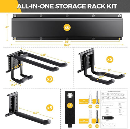 LBT 99" Garage Tool Organizer Wall Mount - 1000lbs Garden Tool Organizer with Adjustable Hooks, Heavy Duty Metal Garage Storage Rack, Anti-Rust Shed Rack Holder Hanging Rake Broom Mower Snowboard