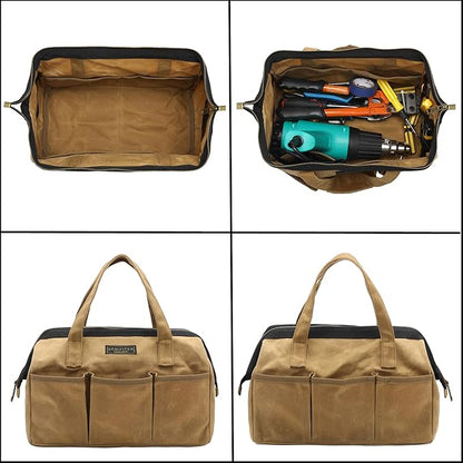 Tool Bag, 13-inch Heavy Duty Wide Mouth Water-Resistant Waxed Canvas Zipper Bag, Tool Tote with Handle for Tools, Wrenches, Screwdrivers (13 X 7.8 X 9 inch) | Khaki