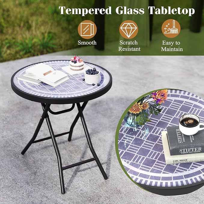 Giantex Folding Outdoor Side Table with Tempered Glass Tabletop & Metal Frame, Portable 18” Round End Table for Patio, Sofa Side, Yard, Porch, Poolside Living Room, Grey