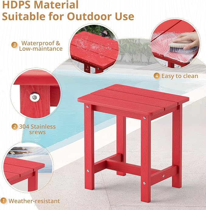 LUE BONA Outdoor Side Table, HDPS Small Outdoor Adirondack Side Tables, Outside End Table for Patio, Porch, Deck, Pool, Weather Resistant/Easy Maintenance, Bright Red