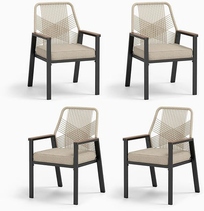 Patio Wicker Chair Sets of 4, Outdoor Dining Chairs with 3.1 inch Seat Cushions, Sturdy Metal Frame & Wood Grain Armrest, Patio Dining Chairs for Porch Backyard, Beige