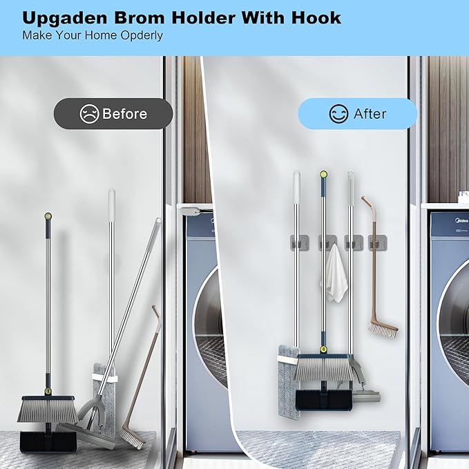 2 Pack Broom Holder Wall Mount, 304 Stainless Steel Mop Organizer with Hooks, No Drill Adhesive and Screw Installation, Rust Proof Storage Rack for Garage, Laundry, Garden, Silver