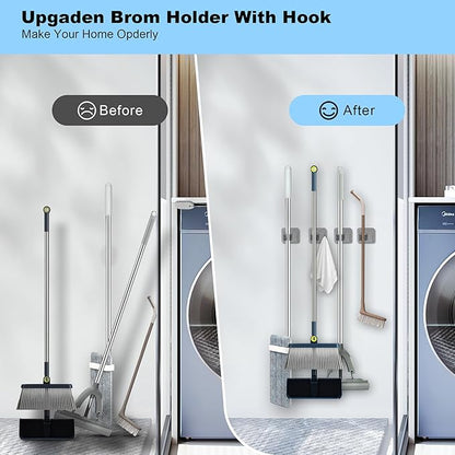 2 Pack Broom Holder Wall Mount, 304 Stainless Steel Mop Organizer with Hooks, No Drill Adhesive and Screw Installation, Rust Proof Storage Rack for Garage, Laundry, Garden, Silver