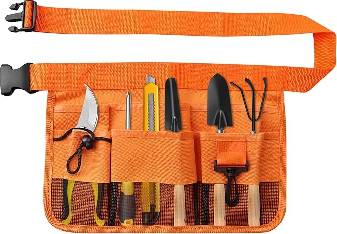 Gardening Tool Waist Bag Belt Heavy Duty Oxford Tool Apron with 7 Pockets of Different Sizes and Depth (Orange)