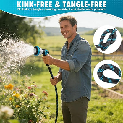 75FT Garden Hose, Non-Expandable Flexible Fabric Water Hose with 10-Function Spray Nozzle, Kink-Free & Lightweight Yard Hose with 3/4" Solid Brass Connectors for Lawn, Outdoor, RV & Marine Use