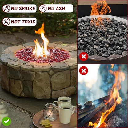 Fire Pit Glass Beads, Red Luster Reflective Tempered Glass Rocks for Natural, Propane or Gas Fireplace, Fire Pit Table, Marbles for Vase, Landscaping, Home Decor, 10lb