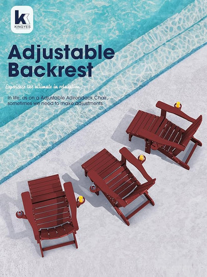 KINGYES Folding Adjustable Adirondack Chair with Ottoman & 2 Cup Holders, HDEP Multifunctional Adirondack Chair with Footrest, Red