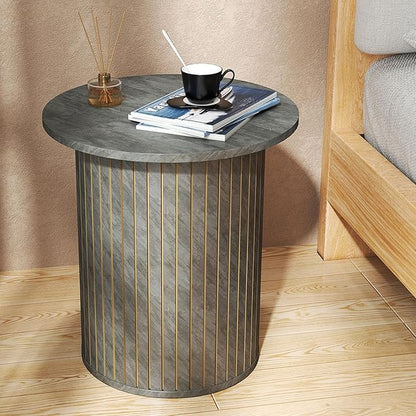 Round Fluted End Table - Small Accent Pedestal Side Table, Circle Fluted Wood Nightstands Bedside Table for Living Room, Bedroom, Handcrafted Finish, Grey