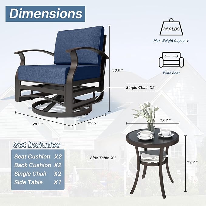 Kurapika 3 Pieces Patio Furniture Set, Outdoor Aluminum Swivel Gliders Rocker, Patio Bistro Set Rocking Chair with Thickened Cushions for Porch Garden(Navy Blue)