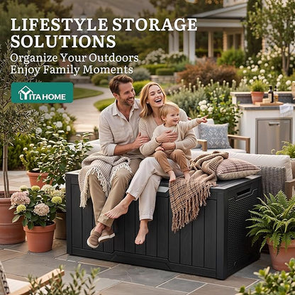 YITAHOME 100 Gallon Large Outdoor Storage Box, Water Resistant Resin Deck Box w/Silver Decorative PVC Trim Pane, Lockable Rattan Storage Container for Patio, Garden, Cushions, Tools(Black & Silver)