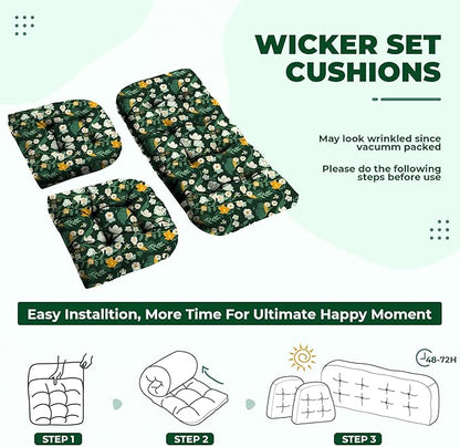 DANGHOOGY Wicker Chair Cushions, Waterproof Outdoor Loveseat Cushions for Patio Furniture, Tufted Wicker Furniture Cushions, 1 Loveseat and 2 U-Shaped Cushions (Green Floral)
