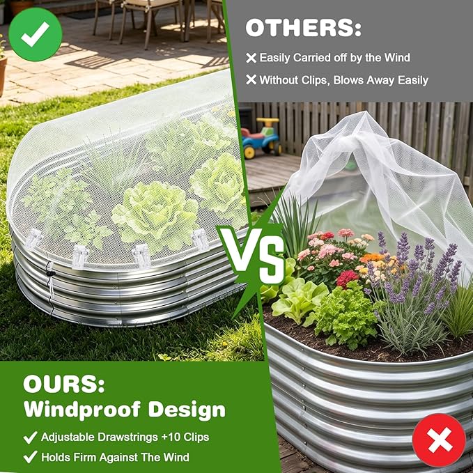 2 Pack Garden Netting for 8x4x1ft Raised Beds, Ultra-Fine Mesh Plant Covers with Drawstring&10 Clips, Bird, Pest & Small Animal Barrier for Protecting Vegetables, Fruits & Flowers
