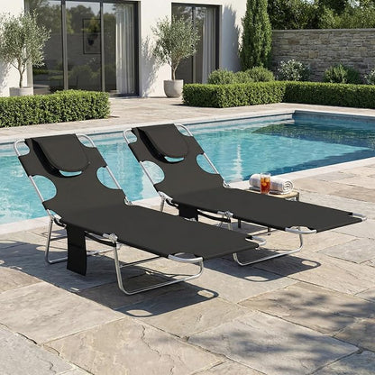 Outsunny Chaise Lounge Chair Outdoor Set of 2 with Face Arm Hole, 5-Position Reclining Face Down Tanning Chair with Carry Strap, Side Pocket, Portable Folding Bed Cot for Patio Beach Pool, Black