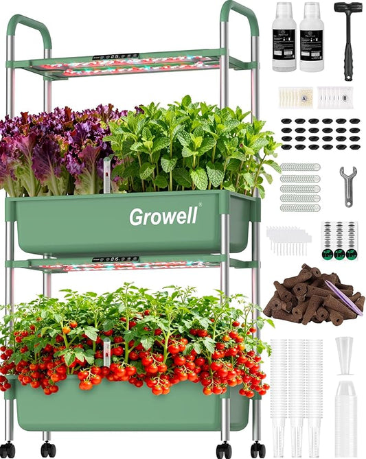 Large Hydroponics Growing System Kit, Vertical Indoor Herb Garden Kit with LED Grow Light & Independent Water Pump, 28L Movable Indoor Planter Perfect Gardening Gifts (2 Tier-54 Pods Green)