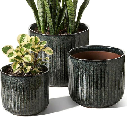 LE TAUCI Ceramic Pots for Plants, 8.3/7/6 Inch Indoor Planters with Drainage Holes & Mesh, Modern Glossy Glaze Cylinder Fluted Plant Pot for Snake Plant, Set of 3, Dark Olive