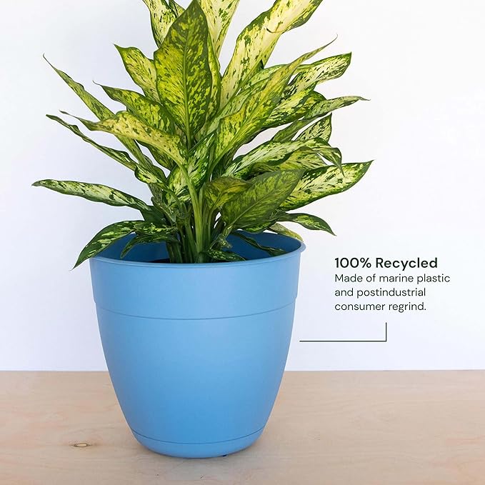 Bloem Dayton 8" Ocean Blue Recyled Plastic Planter Pot with Drainage Holes and Removable Saucer for Indoor and Outdoor Gardening