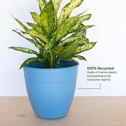 Bloem Dayton 8" Ocean Blue Recyled Plastic Planter Pot with Drainage Holes and Removable Saucer for Indoor and Outdoor Gardening