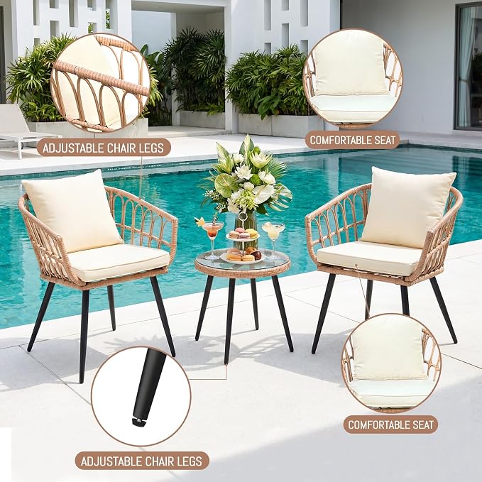 Upgraded 3 Piece Patio Bistro Set for Balcony, Backyard, Porch, Beige | All-Weather Rattan Patio Conversation Set, Tempered Glass Side Table, Easy-Clean Surface