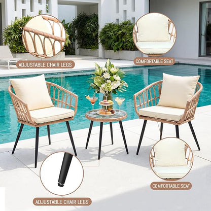 Upgraded 3 Piece Patio Bistro Set for Balcony, Backyard, Porch, Beige | All-Weather Rattan Patio Conversation Set, Tempered Glass Side Table, Easy-Clean Surface