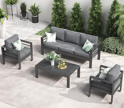 LayinSun Outdoor Aluminum Furniture Set, 4 Pieces Patio Sectional Conversation Chat Sofa Modern Seating Set with Coffee Table
