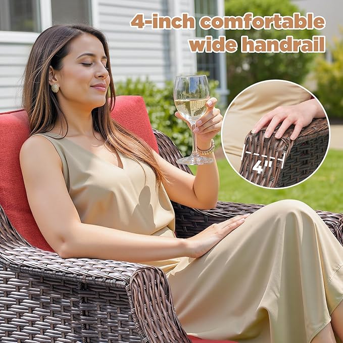 Patio Wicker Chairs Swivel Rocker-Outdoor Swivel Rocker Chair Set of 2 with All Weather Wicker Glider Rocker Set, PE Rattan Swivel Rocking Chair with Side Table for Yard Balcony Deck Porch Brown/Red