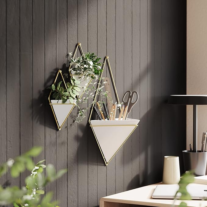 Umbra Trigg Hanging Planter Vase & Geometric Wall Decor Container - Great for Succulent Plants, Air Plant, Mini Cactus, Faux Plants and More, White Ceramic/Brass