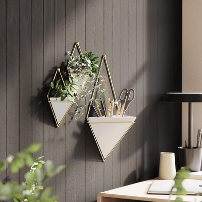 Umbra Trigg Hanging Planter Vase & Geometric Wall Decor Container - Great for Succulent Plants, Air Plant, Mini Cactus, Faux Plants and More, White Ceramic/Brass