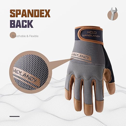 HANDLANDY Leather Work Gloves Mens & Women, Utility Safety Mechanic Working Gloves Touch Screen, Flexible Breathable Yard Work Gloves (XXL, Brown-Cowhide Palm)