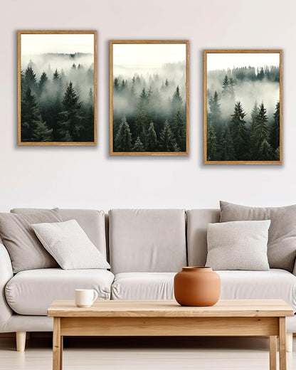 UPWOIGH Large Framed Canvas Wall Art, Set of 3 Foggy Forest Decor, 16x24 in Minimalist Natural Cotton Posters, Misty Forest Triptych, Green Botanical Modern Aesthetic for Living Room, Bedroom, Office