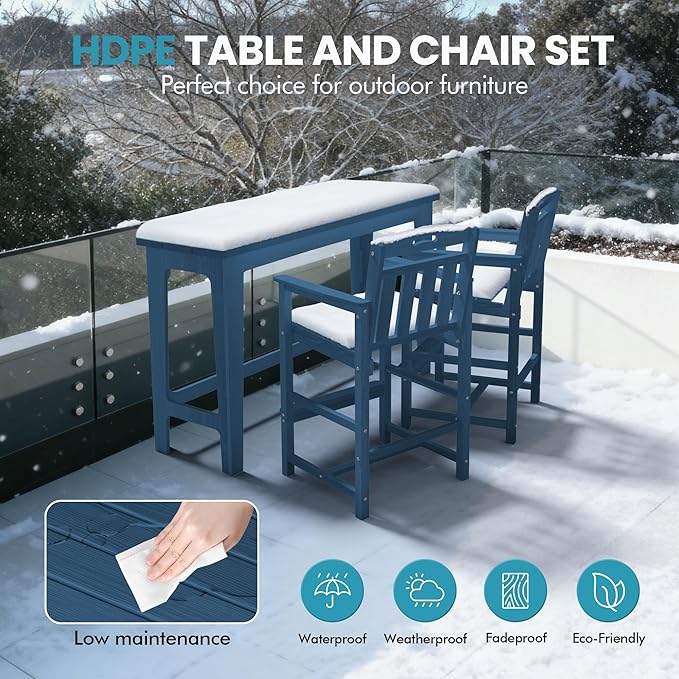 Ciokea Heavy-Duty Outdoor Bar Set, Rectangle High Top Table and 2 Oversized Adirondack Chairs Set, HDPE Modern Patio Bar Set for Outside Bistro Backyard Balcony Deck Outside, Navy Blue