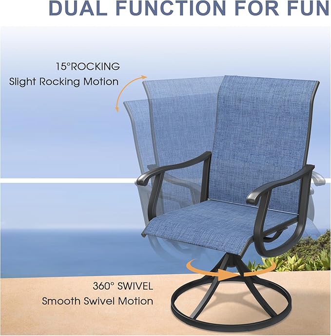 VICLLAX 3 Pieces Small Outdoor Furniture, 2 Patio Swivel Chairs and Small Round Outdoor Table for 2, Blue Chairs & Black