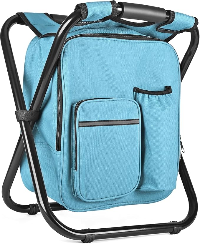 Kikerike Backpack Stool Cooler Chair Heavy Duty 300 LBS Max Load Portable Lightweight Folding Fishing Cooler for Camping Hunting Fishing - Sky Blue