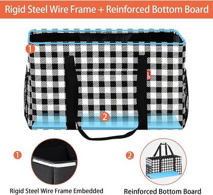 Extra Large Utility Tote Bag, Foldable Reusable Grocery Bags with Metal Wire Frame & Reinforced Bottom Board, Stand up Large Utility Tote for Groceries, Beach Bag, Laundry, Car (Cube Plaid)