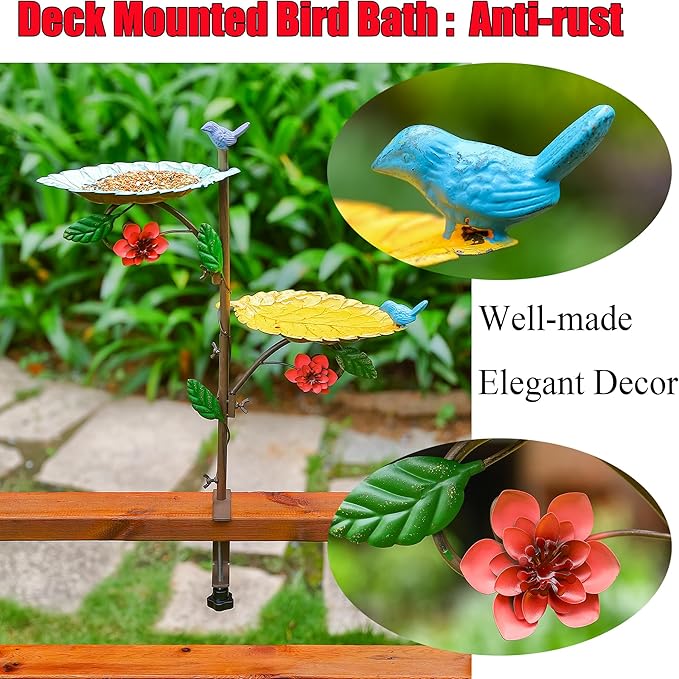 Deck Mounted Bird Feeder & Bird Bath, 20" H Iron Railing Birdfeeder with Leaves-Shaped Bowl, Outdoor Bird Bath for Balcony Patio Garden