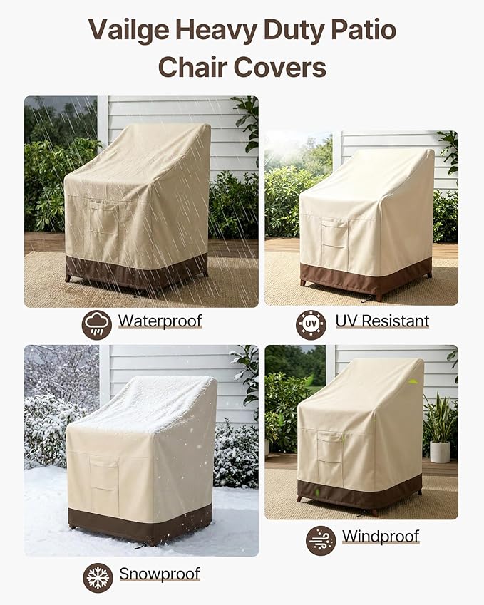 Vailge Stackable Patio Chair Cover,100% Waterproof Outdoor Chair Cover, Heavy Duty Lawn Patio Furniture Covers,Fits for 4-6 Stackable Dining Chairs,36"Lx28"Wx47"H,Beige&Brown