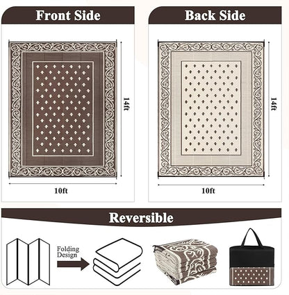 Pauwer Waterproof Outdoor Rug 10x14, Reversible Plastic Straw Patio Camping Rug, Indoor Outdoor RV Mat Carpet for Deck, Camper, Porch, Balcony, Backyard, Picnic, Bordered Brown