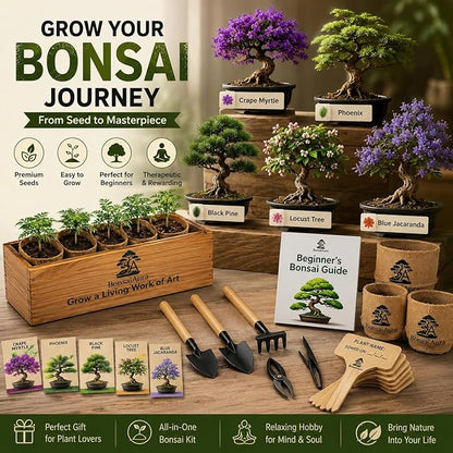 Bonsai Tree Starter Kit for Beginners - 5 Unique Japanese Bonzai Tree Seeds, Complete Indoor DIY Growing Kit, Perfect Gardening Gift for Adults, Men & Women