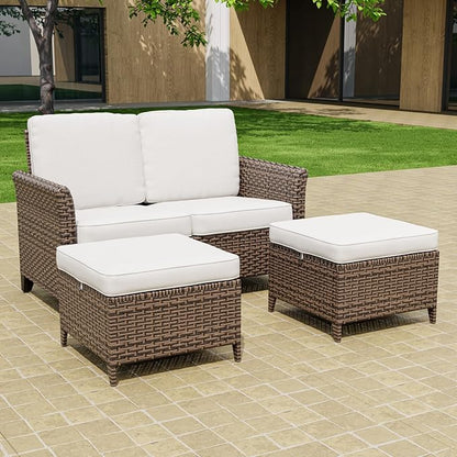 Canyon Ridge Wicker Patio Sofa with 2 Ottomans, Small Balcony Furniture, Outdoor Furniture Set, 2 Seat Loveseat, Brown/Beige