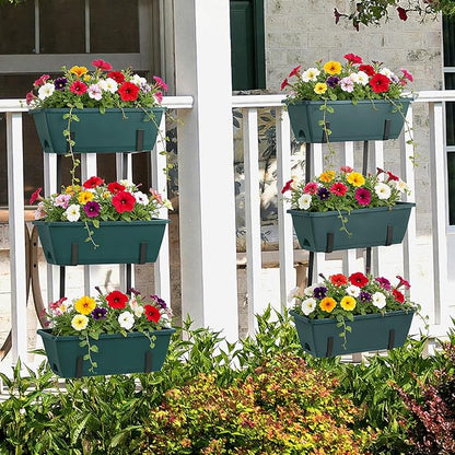 OYEAL Window Boxes Planters with Adjustable Brackets Set of 2 Fence Planters, Over the Deck Railing Planter Box with 6 Pack Hanging Plastic Flower Pots, Drainage Holes for Indoor Outdoor, Green